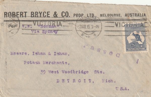 1915 AUSTRALIA - USA ..WW1 COMMERCIAL CENSORED ENVELOPE..
