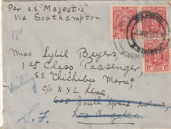 1935  SOUTHERN RHODESIA - SS "CHICHIBU MARU" & REDIRECTED..