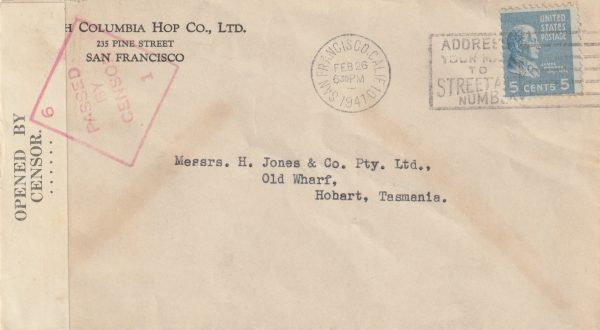 1941 USA - AUSTRALIA...WW2 TASMANIA CENSOR..
