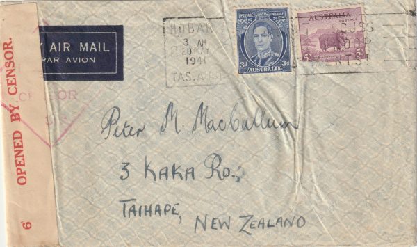 1941 AUSTRALIA - NEW ZEALAND..CENSORED in TASMANIA..