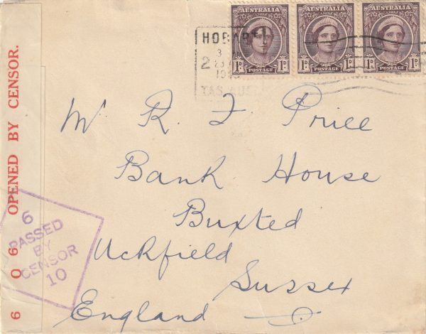 1943 AUSTRALIA - GB..CENSORED in TASMANIA..