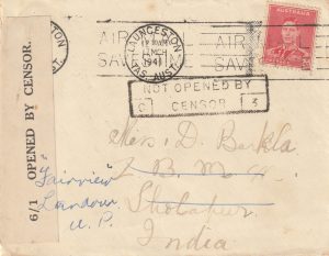 1941  AUSTRALIA - INDIA..WW2 LAUNCESTON CENSOR..