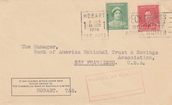 1939 AUSTRALIA - USA…EARLY TASMANIA CENSOR..