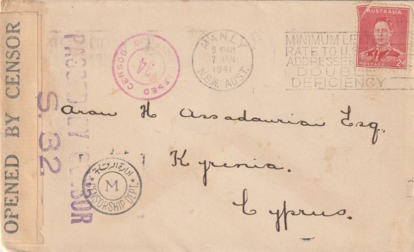 1941  AUSTRALIA - CYPRUS..WW2 TRIPLE CENSORED..