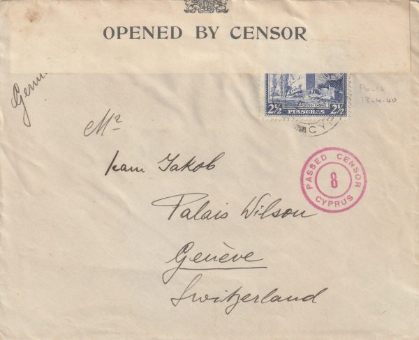 1940  CYPRUS - SWITZERLAND..WW2 CENSORED