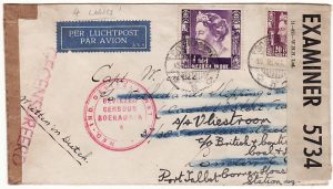 N.E.I.-GB [WW2 AIRMAIL with MULTIPLE CENSORSHIP to SHIPPING LINE cover]