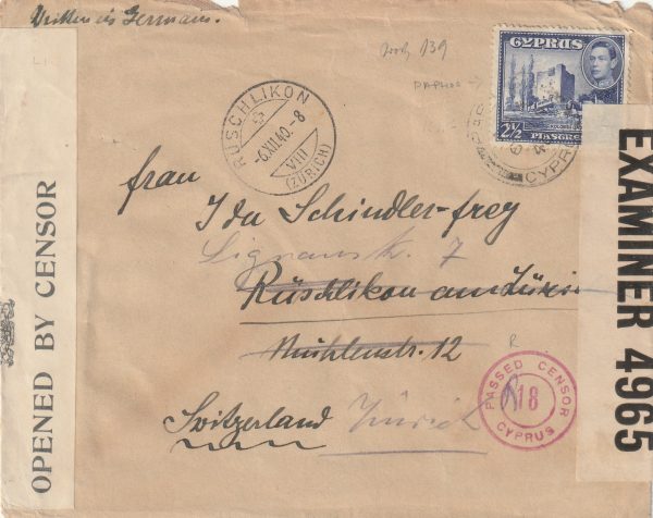 1940 CYPRUS - SWITZERLAND ..WW2 CENSORSHIP..
