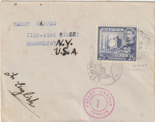 1940  CYPRUS - USA..WW2 CENSORSHIP..