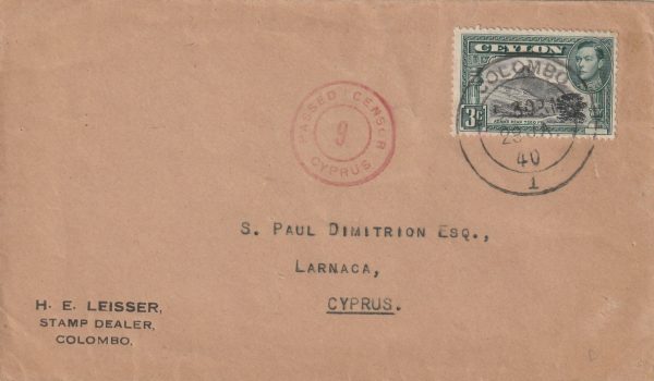 1940 CEYLON - CYPRUS...WW2 CENSORSHIP  on INCOMING PRINTED MATTER..
