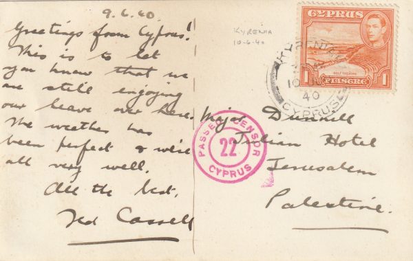 1940 CYPRUS - PALESINE..WW2 CENSORED PPC..