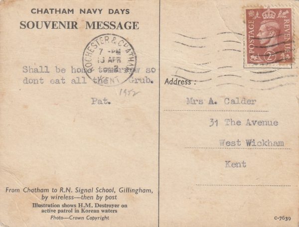 1952  GB..CHATHAM NAVY DAYS-SOUVENIR MESSAGE..