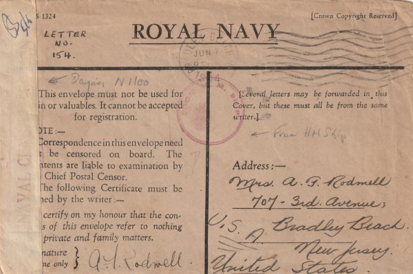 1944 GB - USA…ROYAL NAVY HONOUR ENVELOPE..