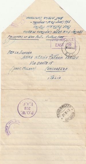 1943 UGANDA - ITALY..WW2 CENSORED FROM CAMP HOSPITAL..