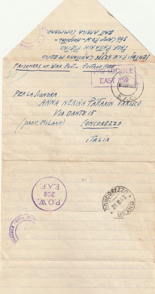 1943 UGANDA - ITALY..WW2 CENSORED FROM CAMP HOSPITAL..