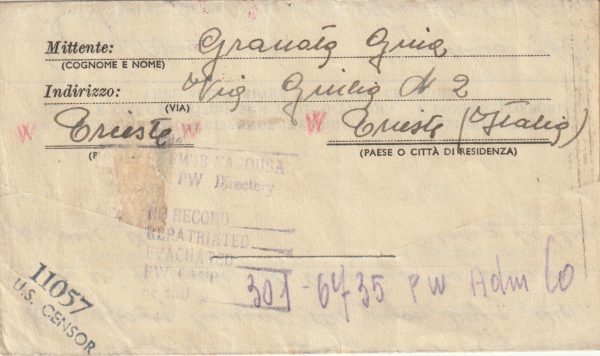1944  ITALY (TRIESTE) - USA…POW INFORMATION BUREAU.. [23078] - Image 2