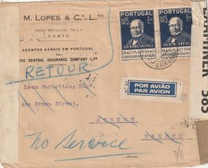 1941 PORTUGAL - GREECE..INTERCEPTED in GIBRALTAR..