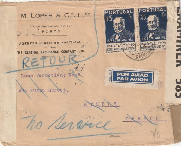 1941 PORTUGAL - GREECE..INTERCEPTED in GIBRALTAR..