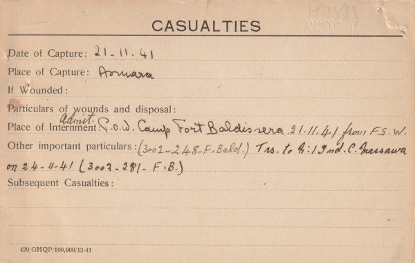 1941  EAST AFRICA(ERITREA)... WW2 POW NOTIFICATION CARD…. [23084] - Image 2