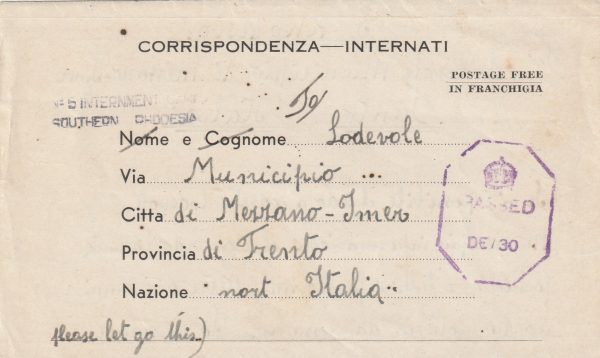 1945  RHODESIA - ITALY…No 5  INTERNMENT CAMP
