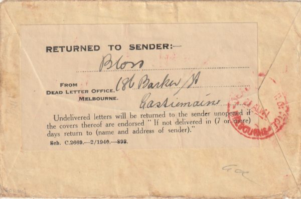 1940 AUSTRALIA-PALESTINE..NOT WITH UNIT..DLO..RETURNED.. [23089] - Image 2
