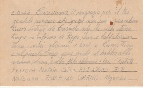 1944 ALGERIA - ITALY..USA PRINTED PRISONER of WAR CARD.. [23101] - Image 2