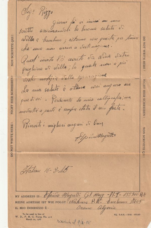 1945  ALGERIA - ITALY..USA PRINTED PRISONER of WAR LETTER SHEET.. [23104] - Image 2