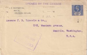 1915  CEYLON - USA.. WW1 CENSORED..