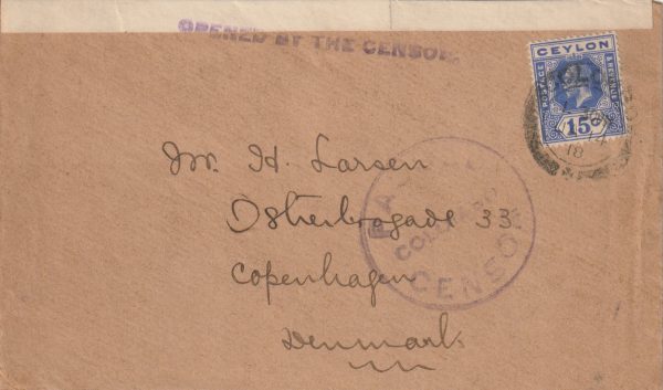 1918 CEYLON - DENMARK..WW1 CENSORED..