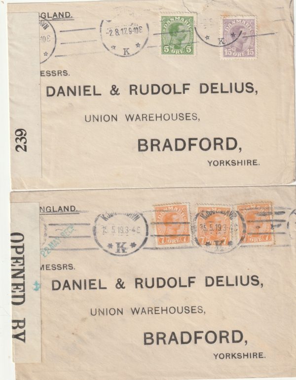 1917 & 1919 DENMARK - GB…WW1 CENSORED MAIL..