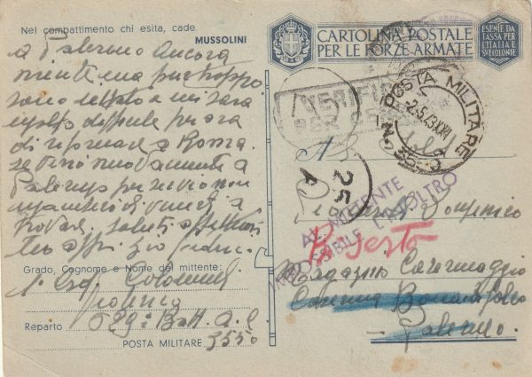 1943  ITALY ...ITALIAN MILITARY POST CARD..
