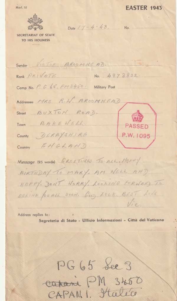 1943 ITALY - POW MESSAGE VIA VATICAN.. [23156] - Image 2