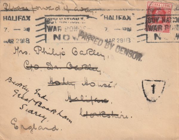 1918 SIERRA LEONE - GB…CENSORED & RE-DIRECTED..