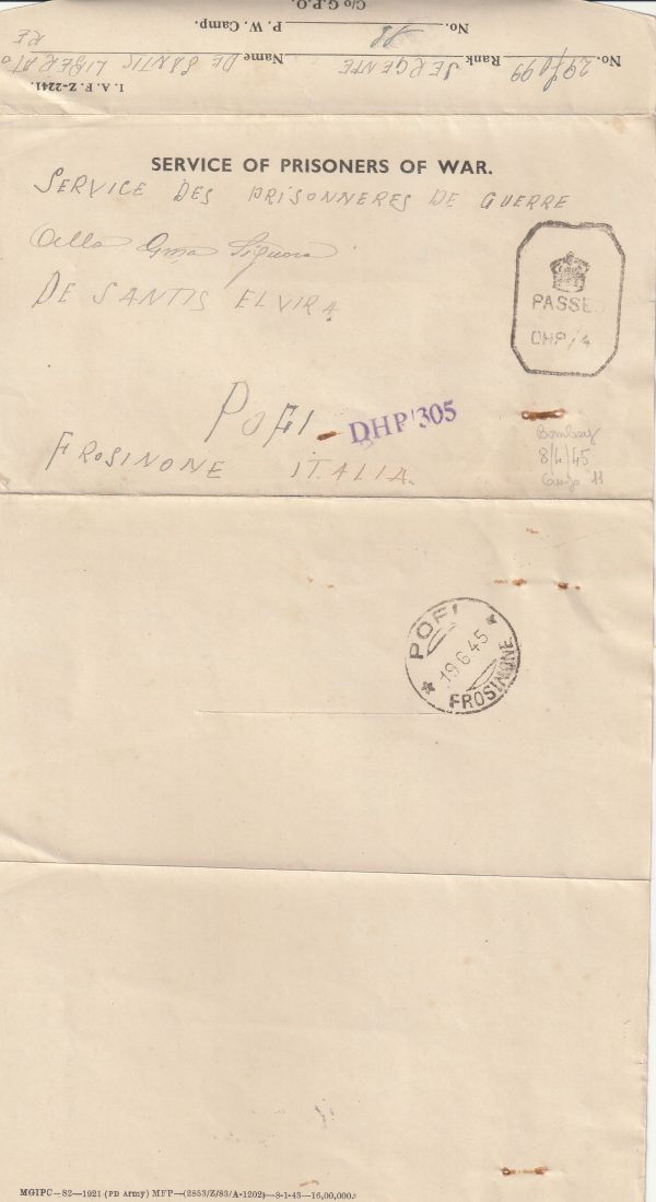 1945  INDIA - ITALY…CAMP BAIRAGARTH / BHOPAL..