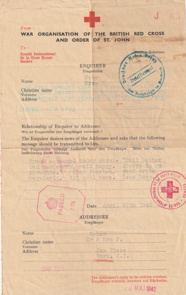1942 GB - SARK(CHANNEL ISLANDS)..RED X MESSAGE FORM..