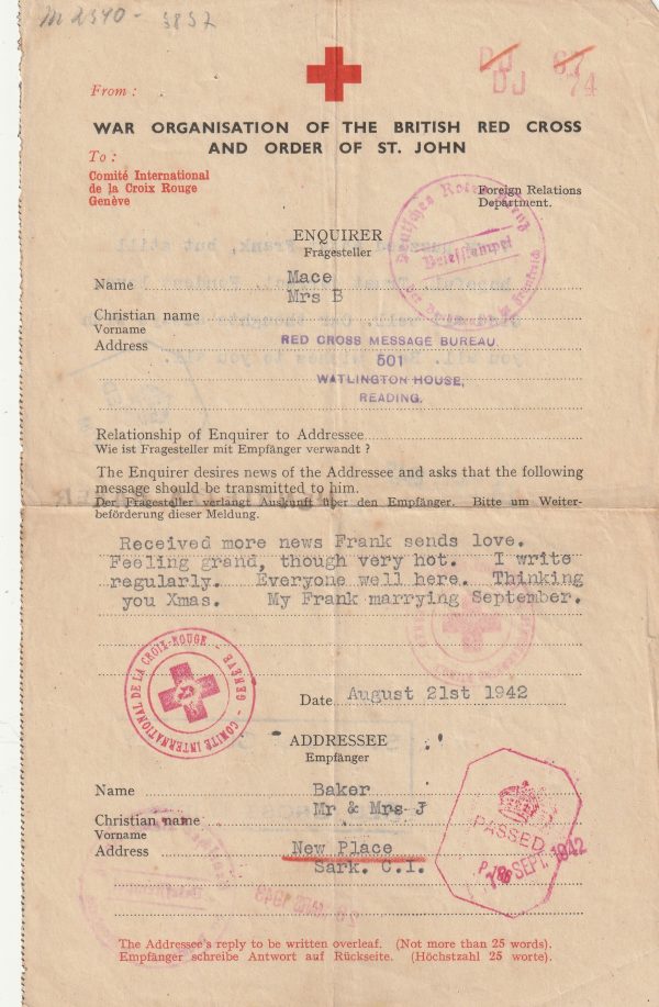 1942 GB - SARK(CHANNEL ISLANDS)..RED X MESSAGE FORM..
