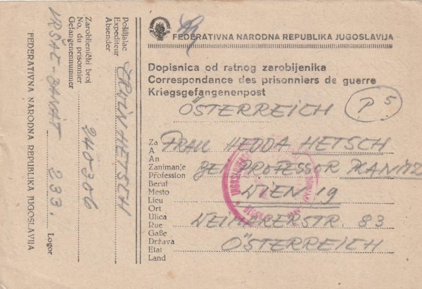 1948 YUGOSLAVIA - AUSTRIA..POW MAIL..
