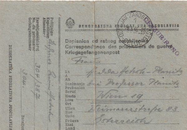 1946 YUGOSLAVIA - AUSTRIA..POW MAIL..
