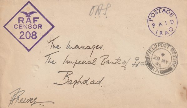 1945 IRAQ….POSTAGE PAID & R.A.F. CENSORED..