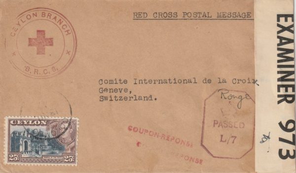 1942 CEYLON - SWITZERLAND…WW2 RED CROSS POSTAL MESSAGE SCHEME…