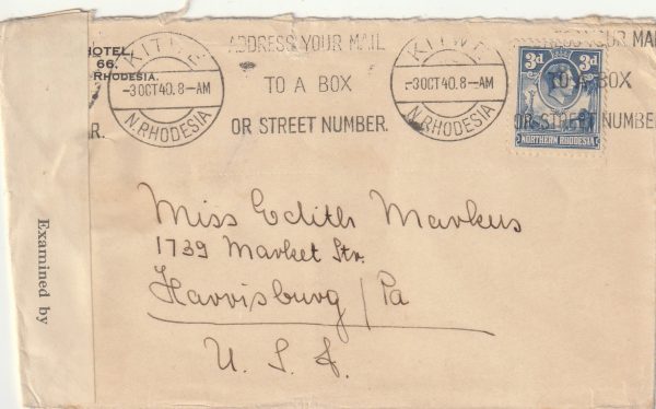 1940  NORTHERN RHODESIA - USA..WW2 CENSORED..