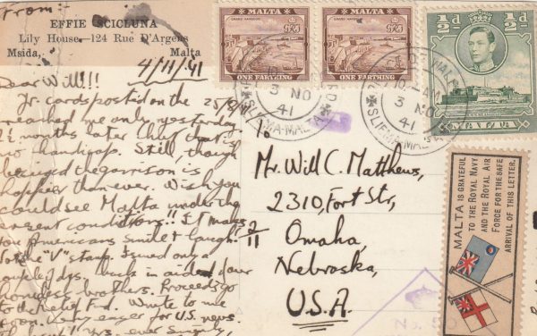 1941 MALTA - USA..MALTA IS GRATEFUL LABEL..