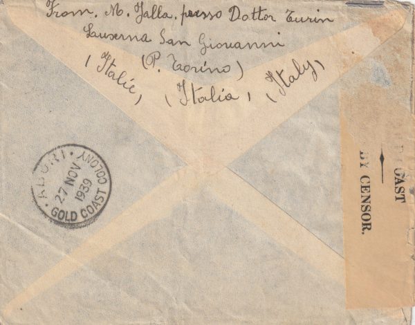1939 ITALY - GOLD COAST…CENSORED ON ARRIVAL.. [23251] - Image 2