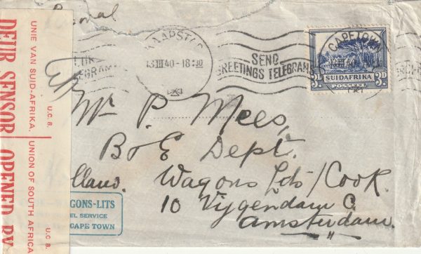 1940 SOUTH AFRICA - NETHERLANDS..COOK - WAGONS - LITS..