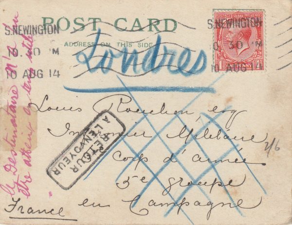 1914 GB - FRANCE…DESTINATION CANNOT BE REACHED..RETOUR..