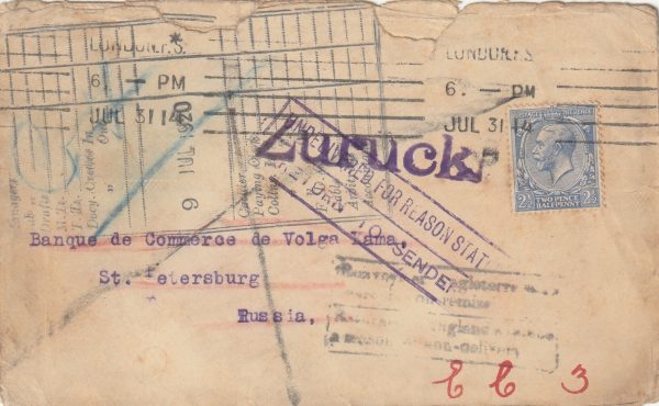 1914 GB - RUSSIA..WW1 UNDELIVERABLE & HELD UNTIL 1920..