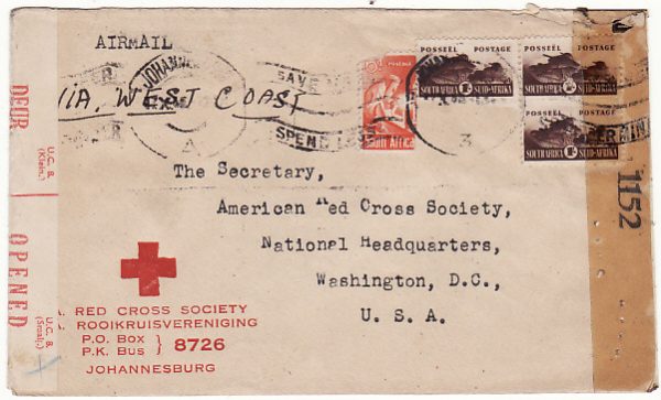 SOUTH AFRICA-USA [WW2 RED CROSS DOUBLE CENSORED]