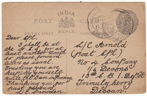 INDIA..1917 WW1 ¼ anna REPLY CARD to 1/6th DEVONS...
