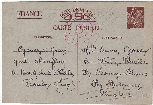 1940 FRANCE...VICHY UNOCCUPIED FRANCE to OCCUPIED FRANCE NAVAL MAIL ...