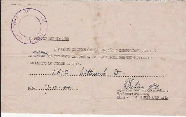 INDIA - CEYLON....1944 DOCUMENT FOR MILITARY LEAVE TRAVEL ...