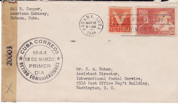 CUBA - USA...1944 CENSORED MAIL from AMERICAN EMBASSY....